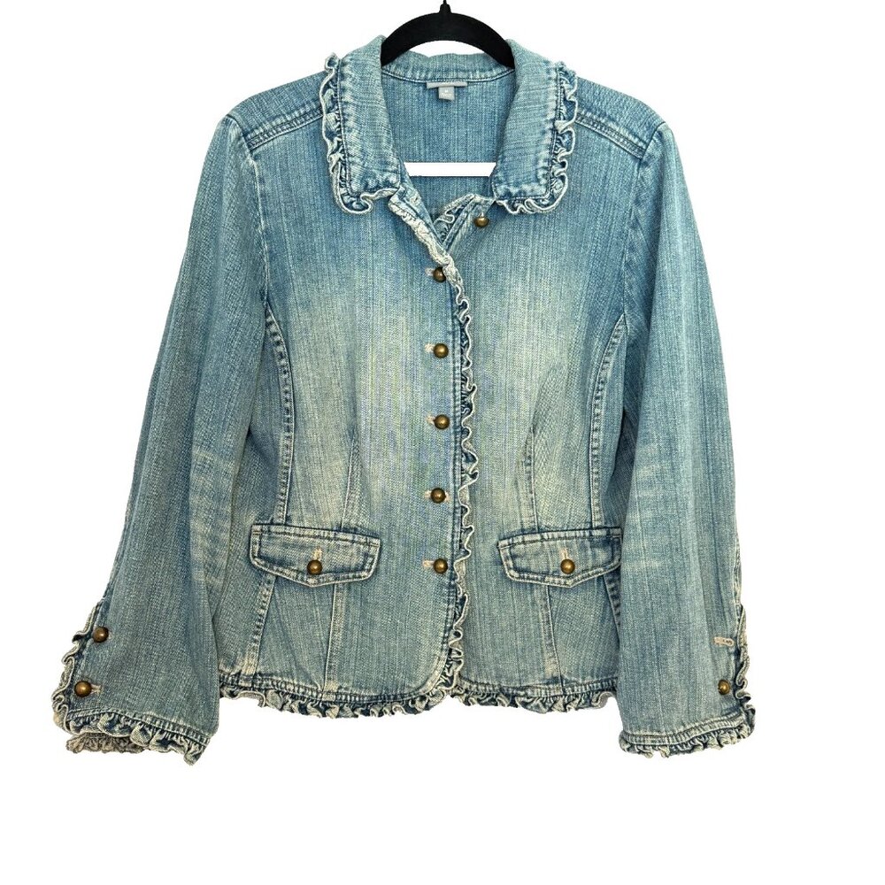 J Jill Size M Women's Denim Button Down Jacket Ruffle Trim 100% Cotton EUC Y2K
